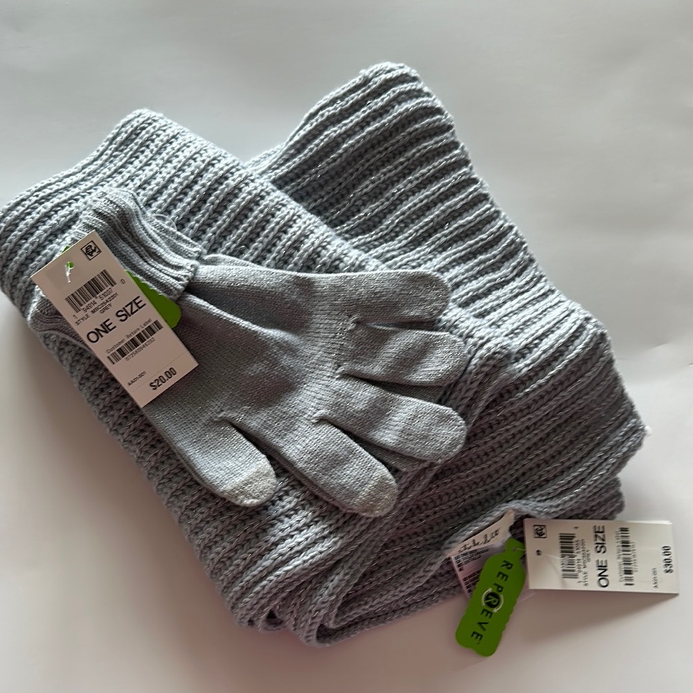 Gray Knit Scarf and Gloves Set